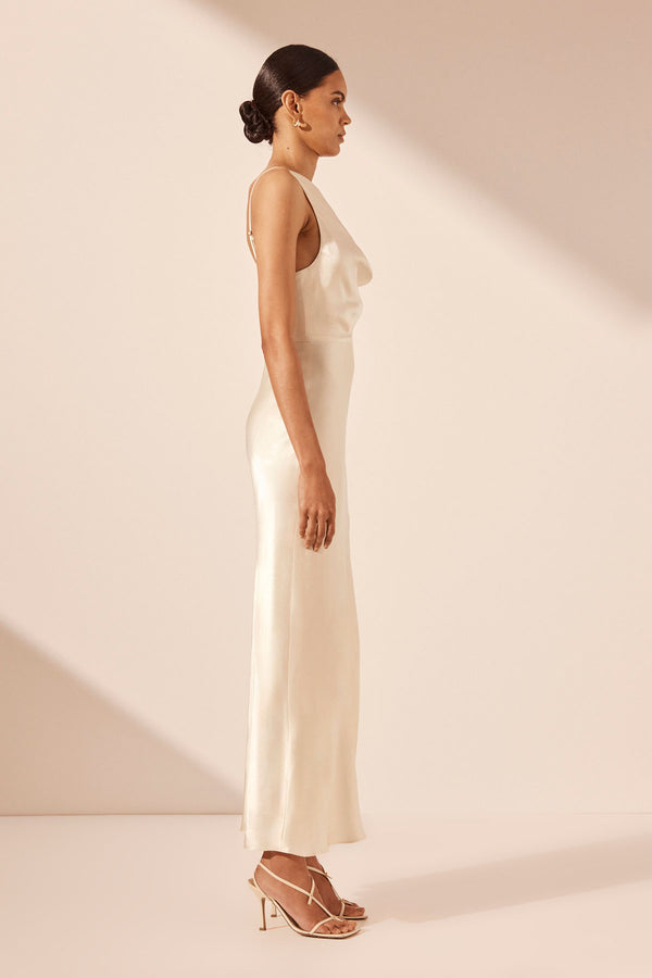LA LUNE DRAPED SIDE SPLIT MIDI DRESS - CREAM_S