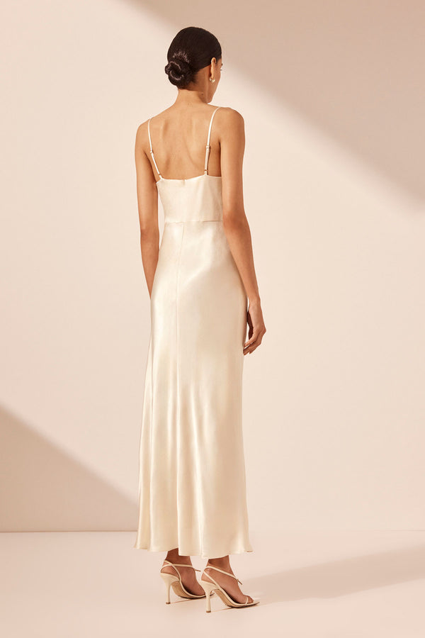 LA LUNE DRAPED SIDE SPLIT MIDI DRESS - CREAM_B