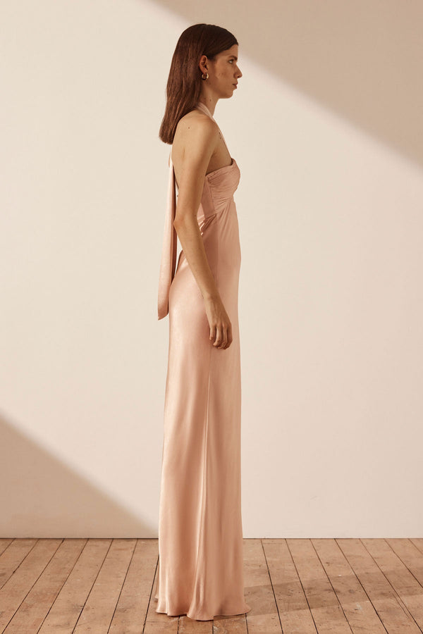 LA LUNE RUCHED HALTER MAXI DRESS - DESERT ROSE_S