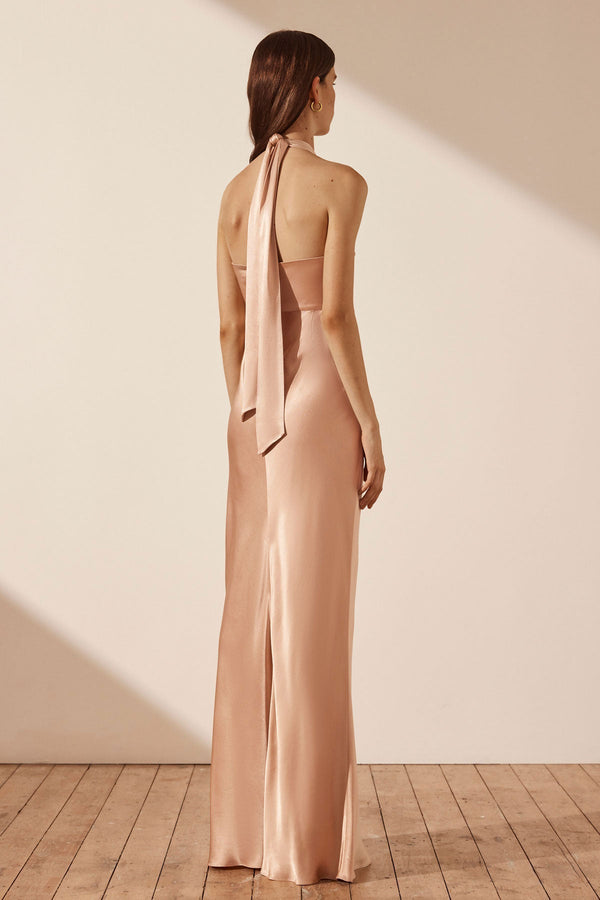 LA LUNE RUCHED HALTER MAXI DRESS - DESERT ROSE_B