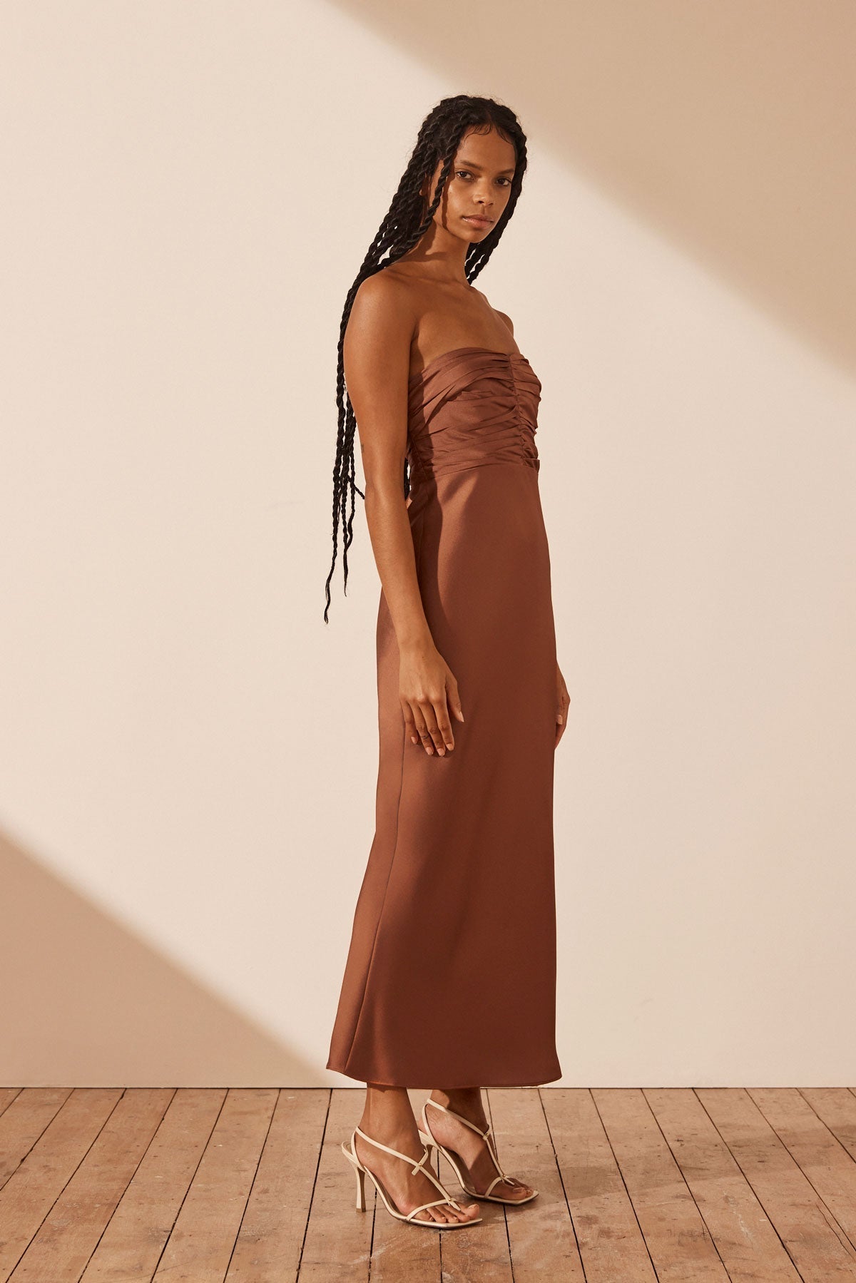 Luxe Strapless Ruched Bodice Midi Dress | Onyx | Dresses | Shona Joy
