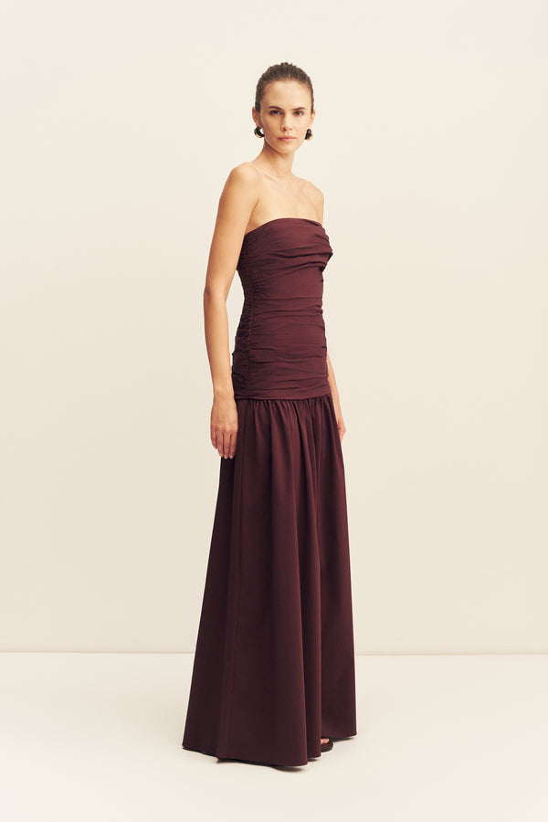 CAMPBELL STRAPLESS RUCHED MAXI DRESS - WINE TASTING