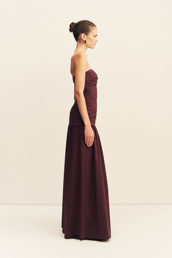CAMPBELL STRAPLESS RUCHED MAXI DRESS - WINE TASTING