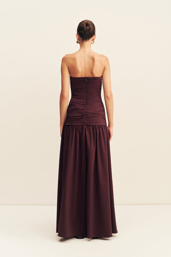 CAMPBELL STRAPLESS RUCHED MAXI DRESS - WINE TASTING