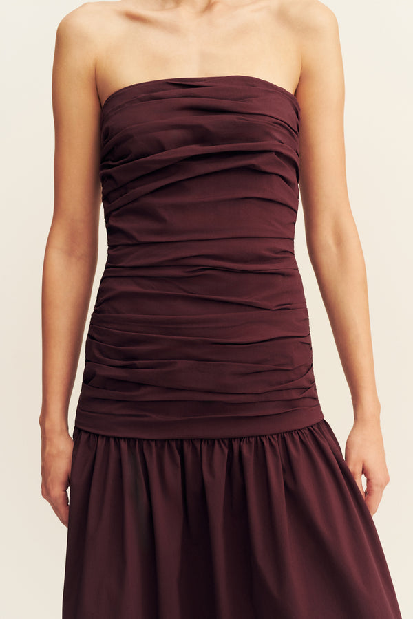 CAMPBELL STRAPLESS RUCHED MAXI DRESS - WINE TASTING