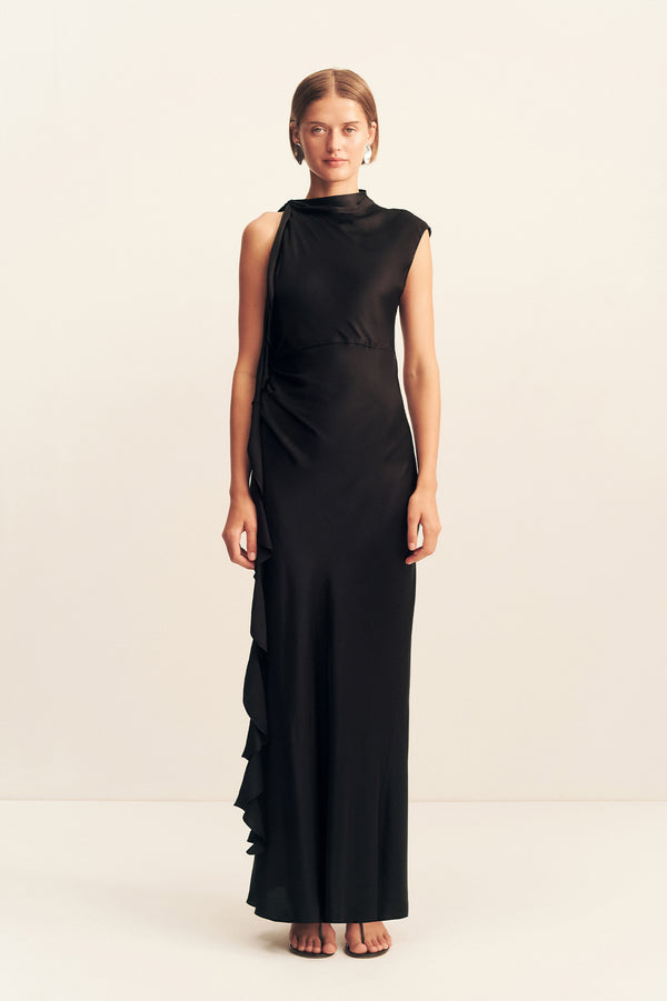 AGNES DRAPED RUFFLE MAXI DRESS - BLACK_F