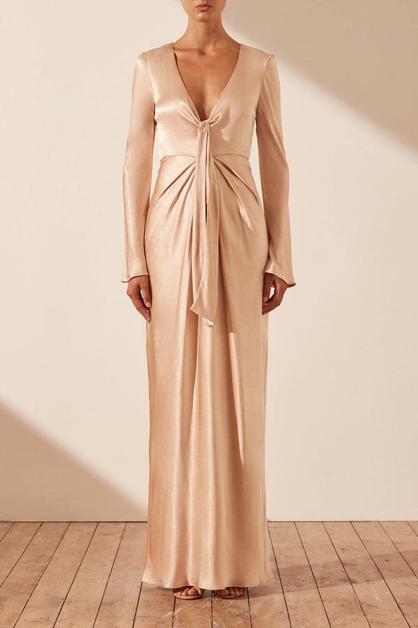 LA LUNE PLUNGED TIE FRONT MAXI DRESS - DESERT ROSE_F