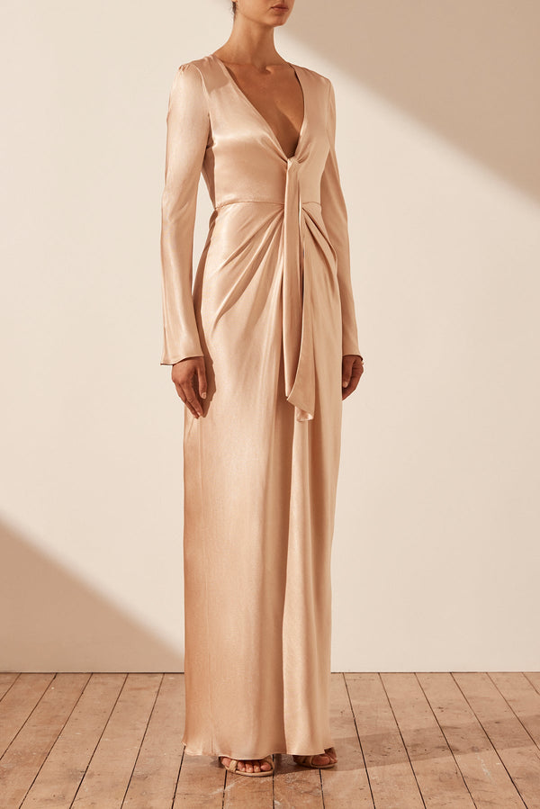 LA LUNE PLUNGED TIE FRONT MAXI DRESS - DESERT ROSE_A