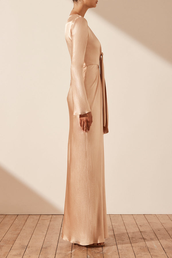 LA LUNE PLUNGED TIE FRONT MAXI DRESS - DESERT ROSE_S