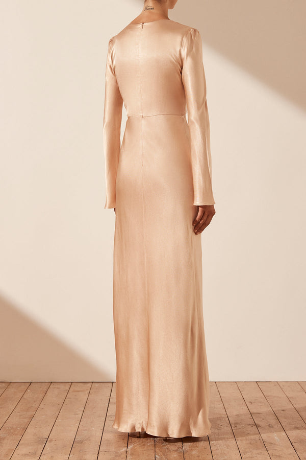 LA LUNE PLUNGED TIE FRONT MAXI DRESS - DESERT ROSE_B