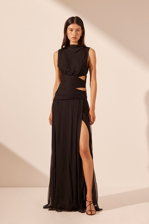 CLAUDE CUT OUT SIDE SPLIT MAXI DRESS - BLACK_F