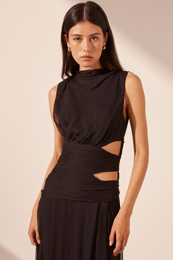 CLAUDE CUT OUT SIDE SPLIT MAXI DRESS - BLACK_D