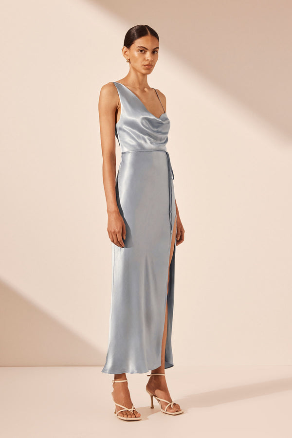 LA LUNE DRAPED SIDE SPLIT MIDI DRESS - POWDER BLUE_A