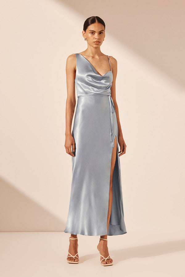 LA LUNE DRAPED SIDE SPLIT MIDI DRESS - POWDER BLUE_F