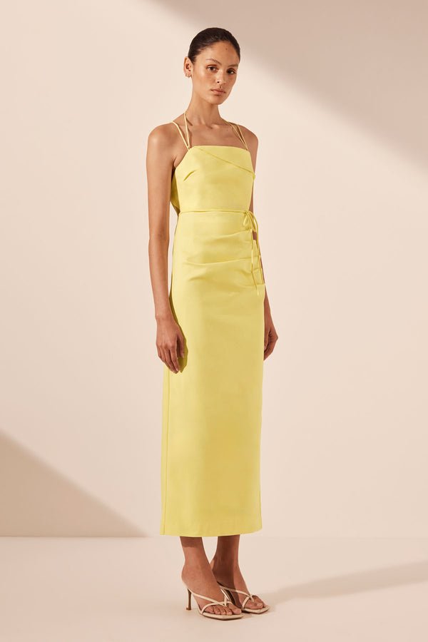 LANI DRAPED CROSS BACK MIDI DRESS - LEMON_A
