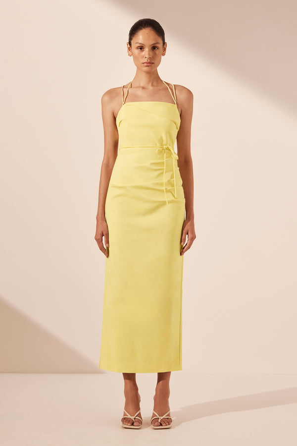 LANI DRAPED CROSS BACK MIDI DRESS - LEMON_F
