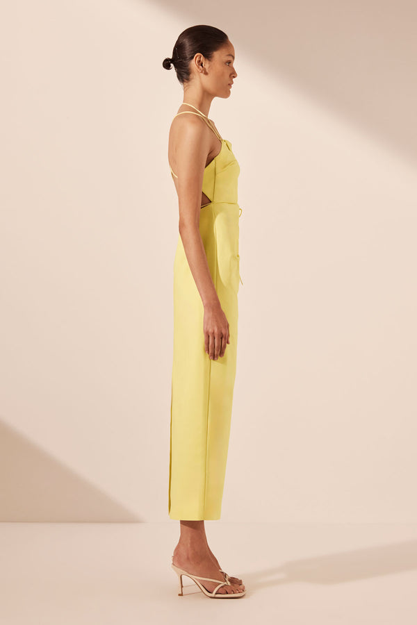 LANI DRAPED CROSS BACK MIDI DRESS - LEMON_S