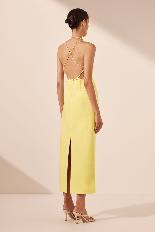 LANI DRAPED CROSS BACK MIDI DRESS - LEMON_B