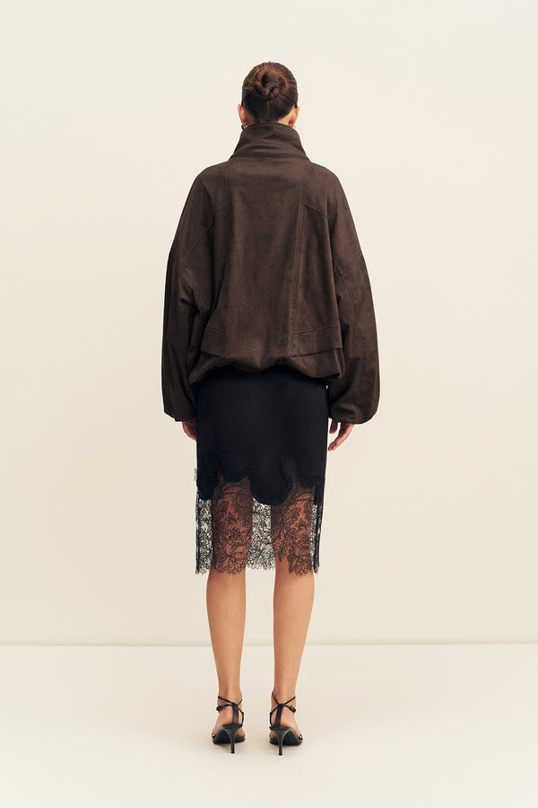 ERNEST FUNNEL NECK FAUX SUEDE BOMBER JACKET - CACAO