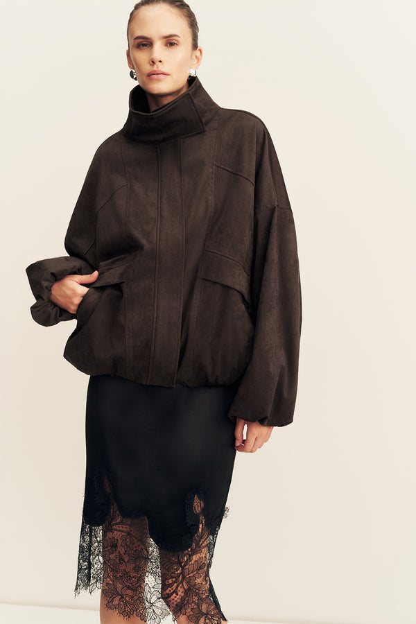 ERNEST FUNNEL NECK FAUX SUEDE BOMBER JACKET - CACAO_F