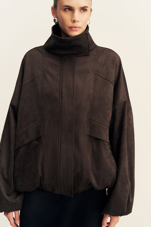 ERNEST FUNNEL NECK FAUX SUEDE BOMBER JACKET - CACAO