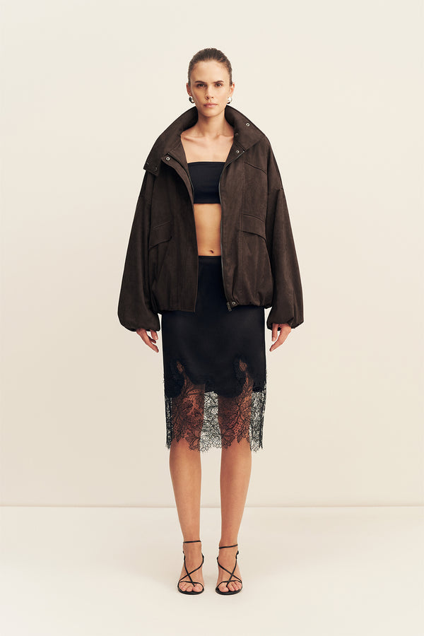 ERNEST FUNNEL NECK FAUX SUEDE BOMBER JACKET - CACAO