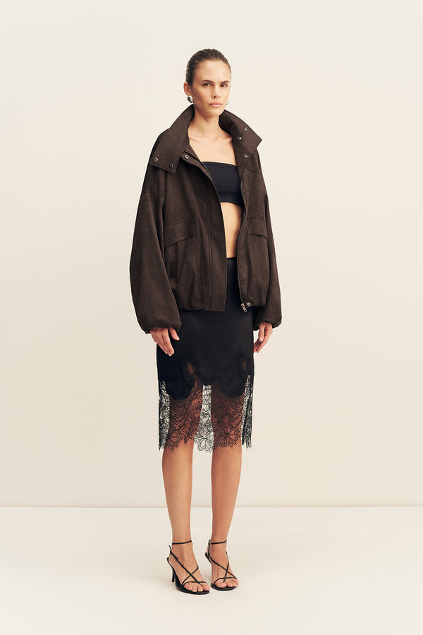 ERNEST FUNNEL NECK FAUX SUEDE BOMBER JACKET - CACAO