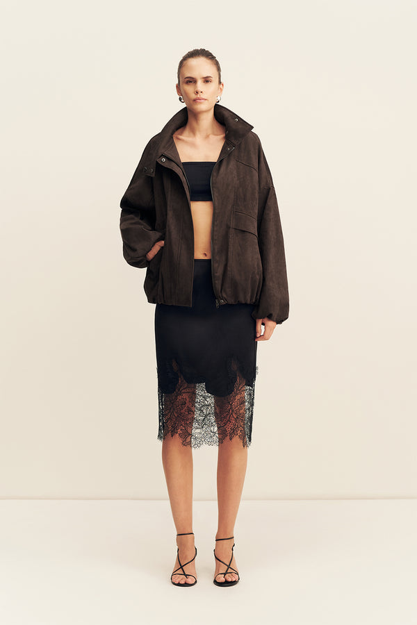ERNEST FUNNEL NECK FAUX SUEDE BOMBER JACKET - CACAO