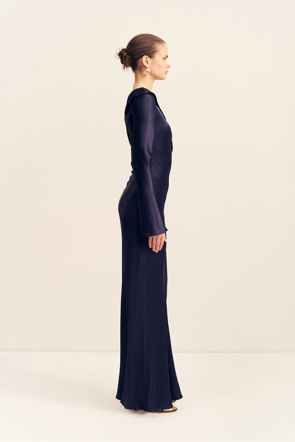 LA LUNE LONG SLEEVE GATHERED MAXI DRESS - MIDNIGHT
