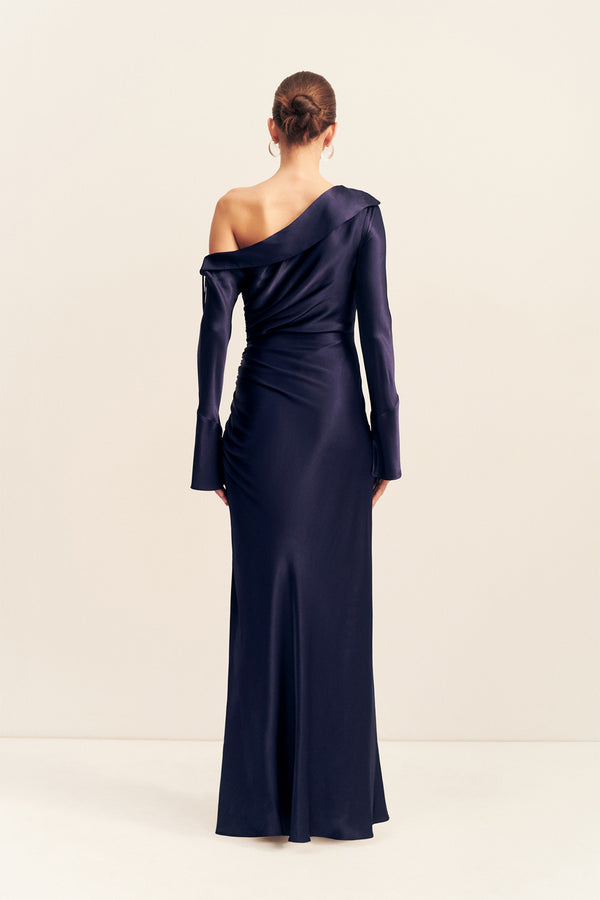 LA LUNE LONG SLEEVE GATHERED MAXI DRESS - MIDNIGHT