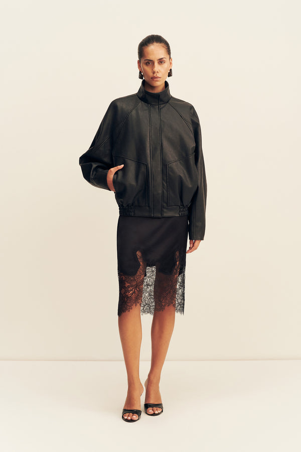 KENNEDY FUNNEL NECK FAUX LEATHER JACKET - BLACK