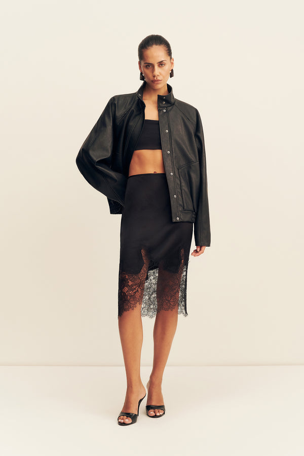 KENNEDY FUNNEL NECK FAUX LEATHER JACKET - BLACK