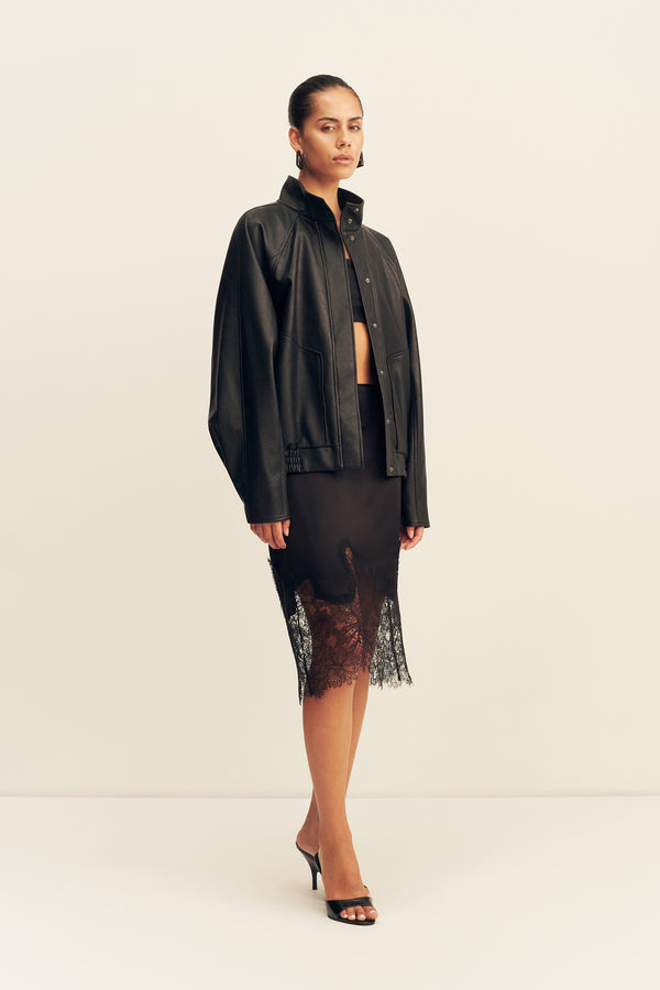 KENNEDY FUNNEL NECK FAUX LEATHER JACKET - BLACK