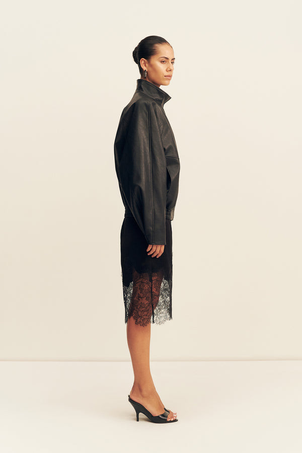 KENNEDY FUNNEL NECK FAUX LEATHER JACKET - BLACK