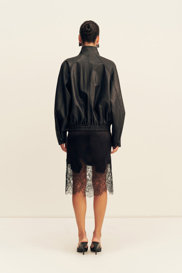 KENNEDY FUNNEL NECK FAUX LEATHER JACKET - BLACK