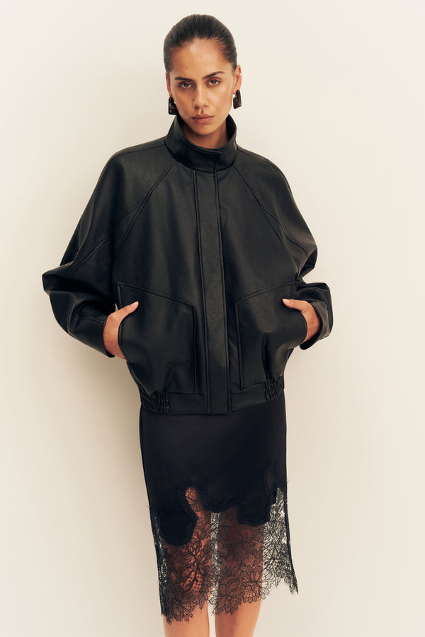 KENNEDY FUNNEL NECK FAUX LEATHER JACKET - BLACK