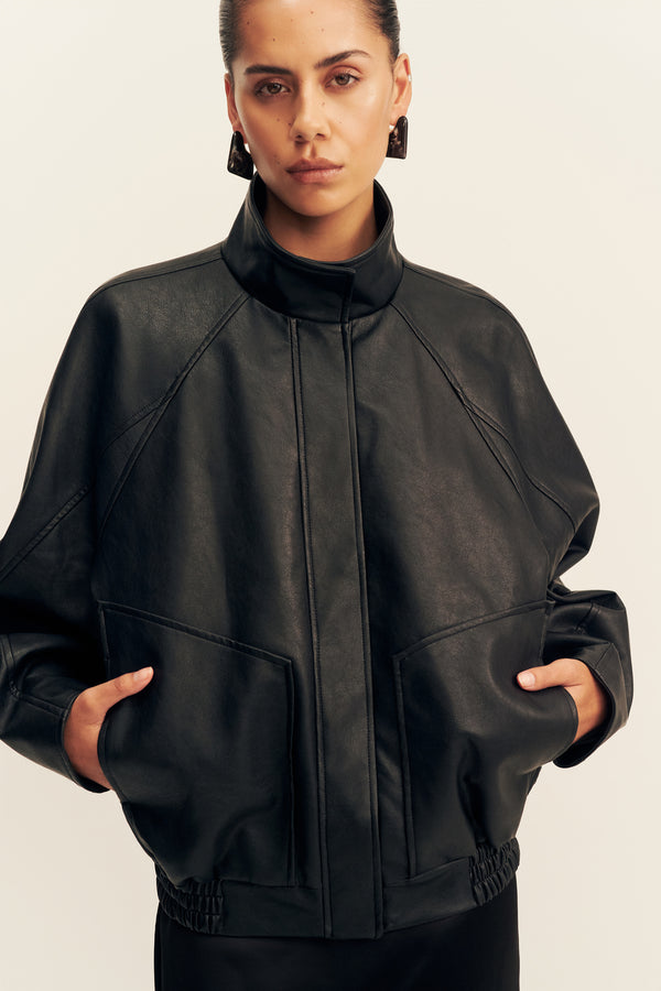KENNEDY FUNNEL NECK FAUX LEATHER JACKET - BLACK