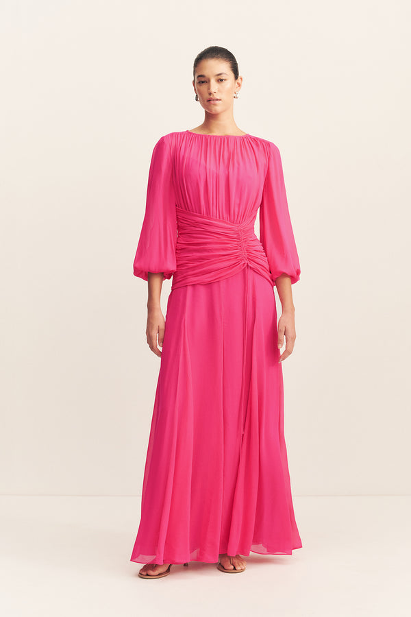 AYLAH HIGH NECK BALLOON SLEEVE MAXI DRESS - FUCHSIA_F