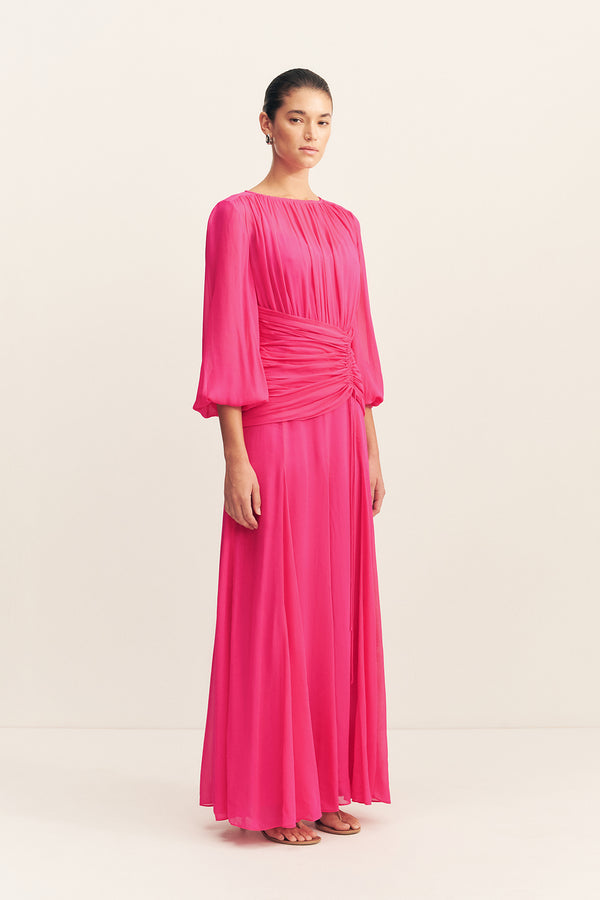AYLAH HIGH NECK BALLOON SLEEVE MAXI DRESS - FUCHSIA