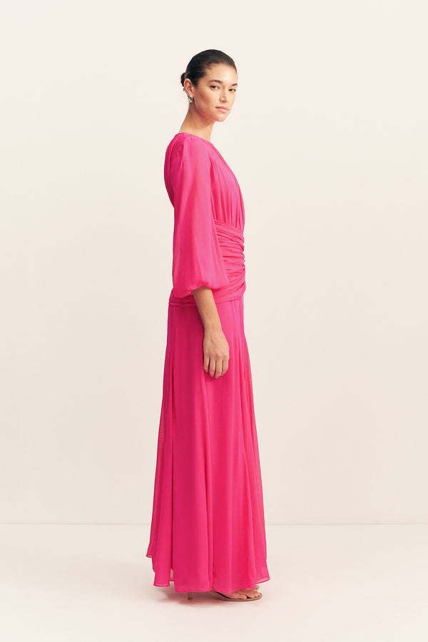 AYLAH HIGH NECK BALLOON SLEEVE MAXI DRESS - FUCHSIA
