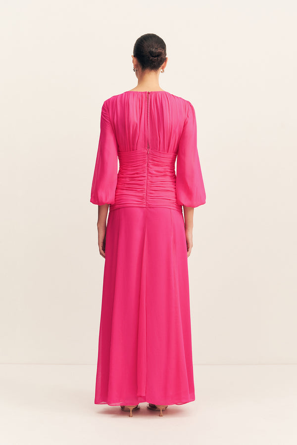AYLAH HIGH NECK BALLOON SLEEVE MAXI DRESS - FUCHSIA
