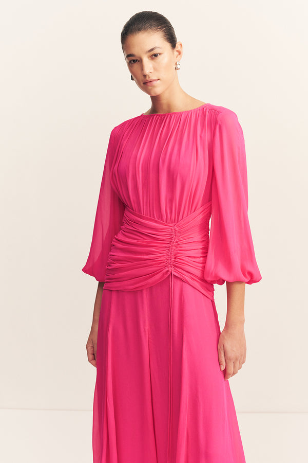 AYLAH HIGH NECK BALLOON SLEEVE MAXI DRESS - FUCHSIA