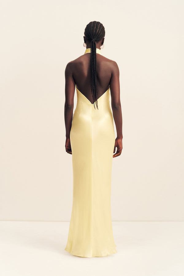 LA LUNE HIGH COWL OPEN BACK MAXI DRESS - LEMON