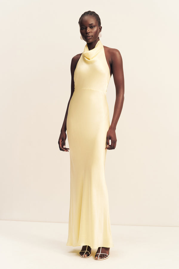 LA LUNE HIGH COWL OPEN BACK MAXI DRESS - LEMON