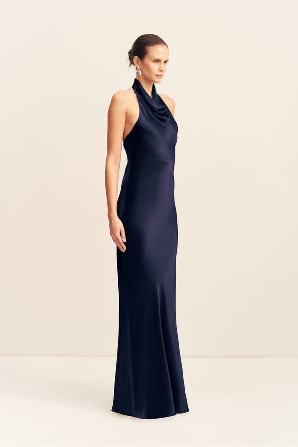 LA LUNE HIGH COWL OPEN BACK MAXI DRESS - MIDNIGHT