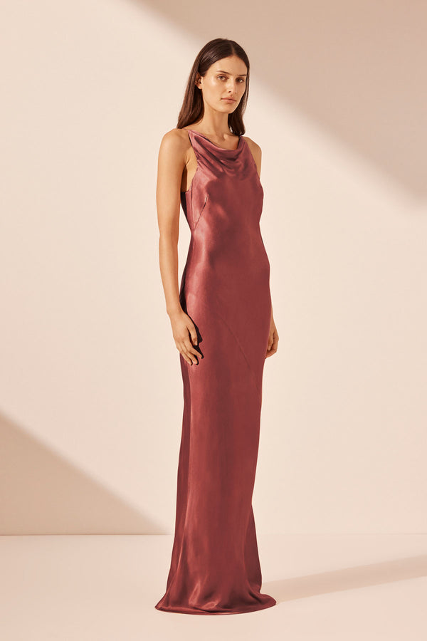 LA LUNE HIGH NECK COWL MAXI DRESS - TERRACOTTA_A