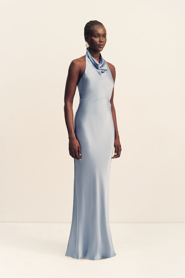 LA LUNE HIGH COWL OPEN BACK MAXI DRESS - POWDER BLUE