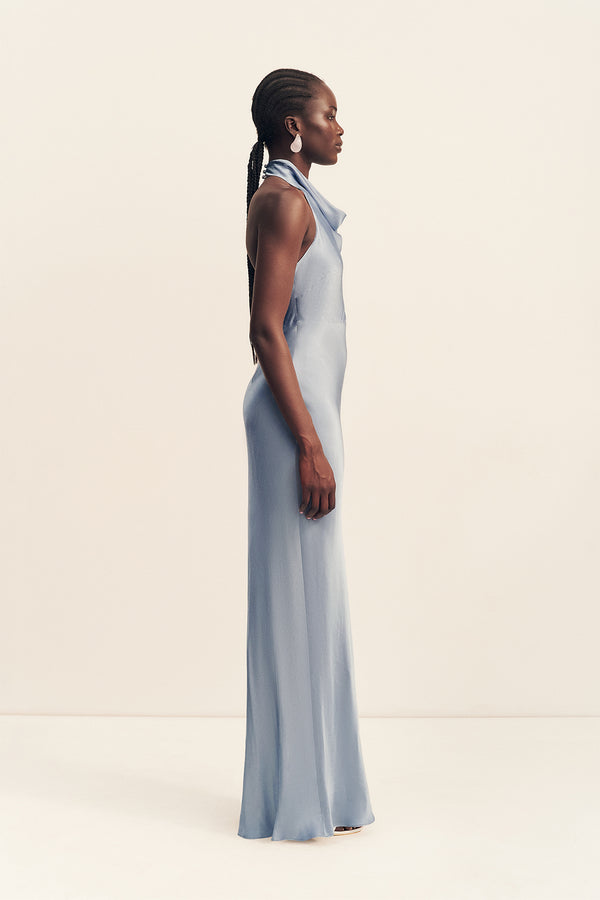 LA LUNE HIGH COWL OPEN BACK MAXI DRESS - POWDER BLUE
