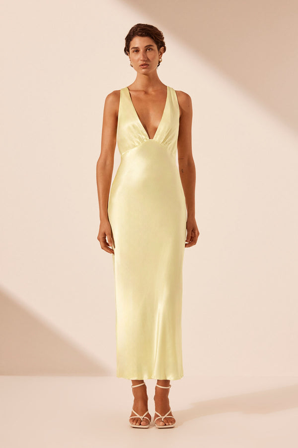 LA LUNE PLUNGED CROSS BACK MIDI DRESS - LEMON_F