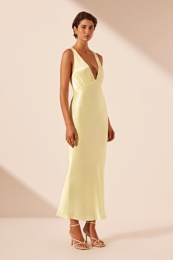 LA LUNE PLUNGED CROSS BACK MIDI DRESS - LEMON_A